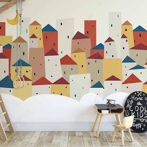 Cartoon Architectural Houses Nursery Wallpaper Wall Mural, Cartoon Minimalist Architectures Cities Nursery Kid Children Room Wall Mural