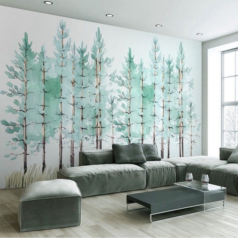 Mint Green Trees Watercolor Hand Painted Wallpaper Wall