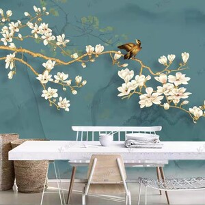 Chinoiserie Delicate Magnolia Flowers and Birds  Wall Mural Wall Decor for Bedroom Living Room