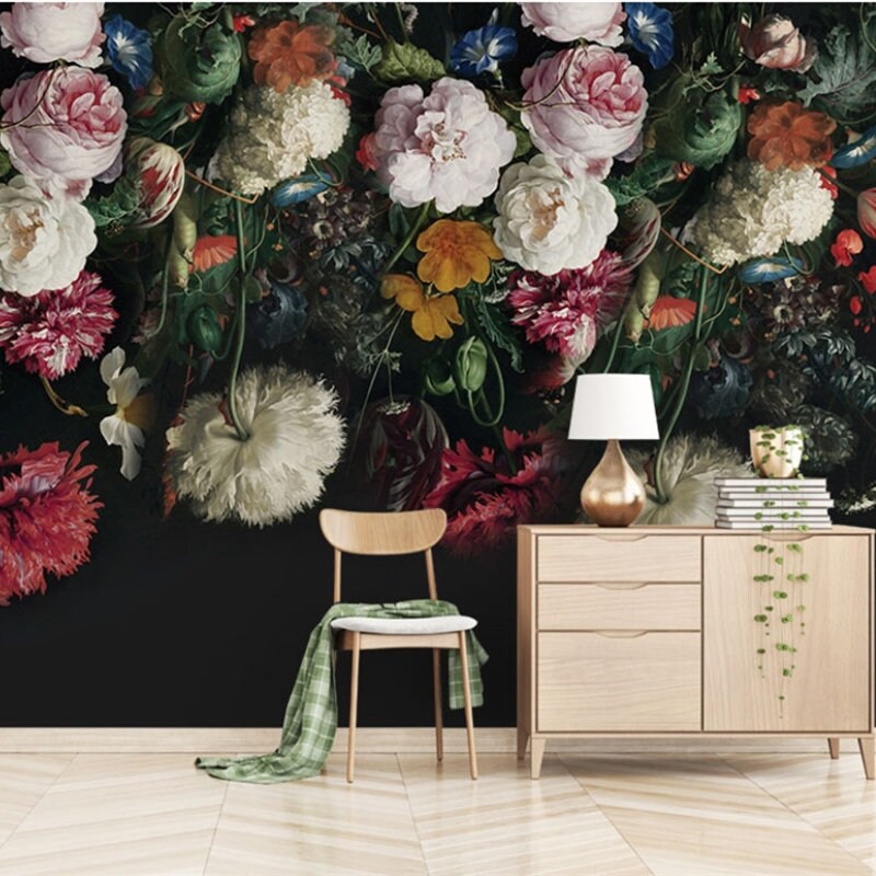 Dark Color Vintage Floral Wallpaper Wall Murals Oil Painting Etsy