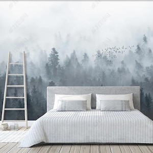 Ink Mountains Wallpaper Wall Mural, Foggy Forest Trees Wall Mural Wall Decor