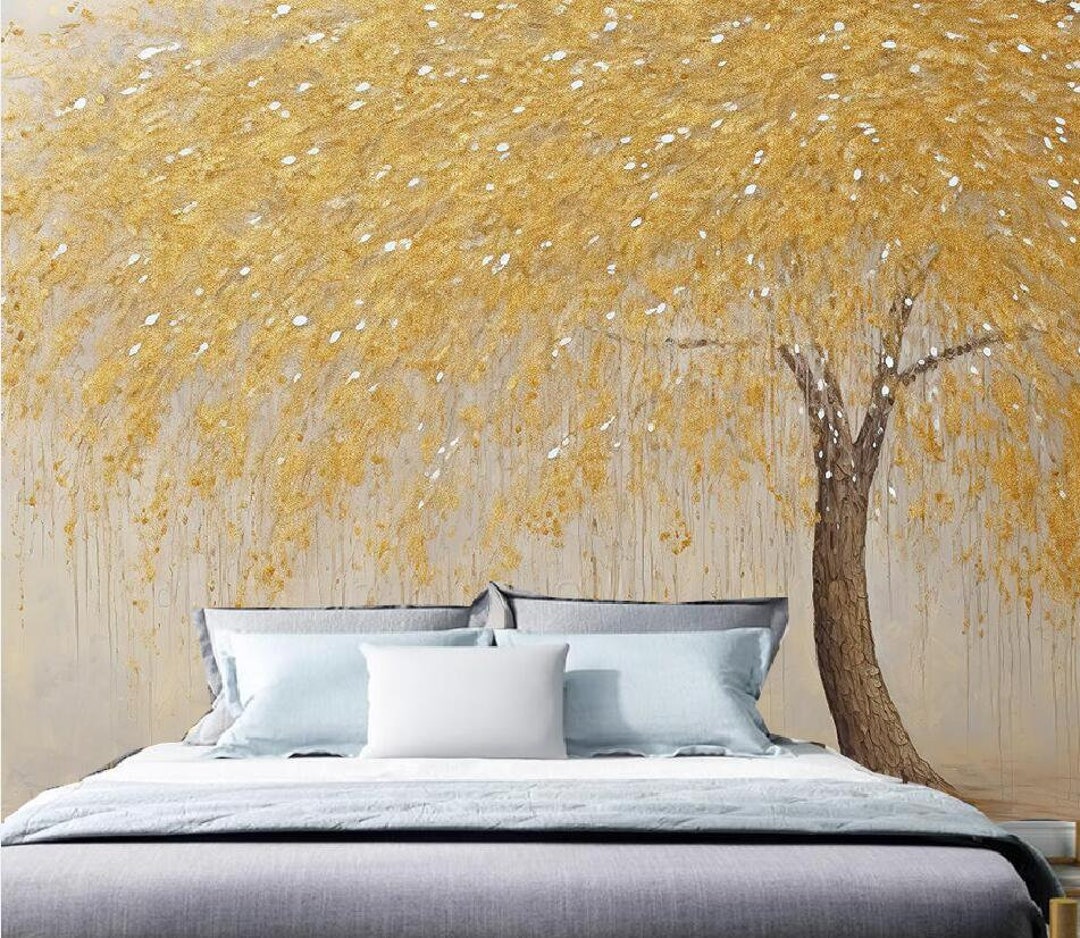 Abstract Gold Leaf Forest Tree Wallpaper Wall Mural Golden Etsy