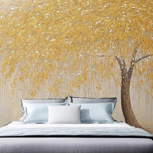 Abstract Gold Leaf Forest Tree Wallpaper Wall Mural, Golden Tree Wall Mural for Bedroom Living Room Wall Decor