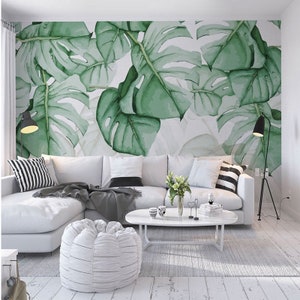Tropical Green Leaves Wallpaper Wall Mural, Watercolor Fresh Green Leaves Wall Mural, Tropical Leaves Wall Mural for Home Decor