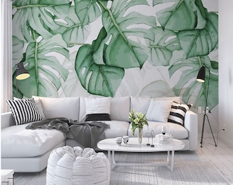Tropical Green Leaves Wallpaper Wall Mural, Watercolor Fresh Green Leaves Wall Mural, Tropical Leaves Wall Mural for Home Decor