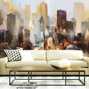 Original Abstract Oil Painting Urban Architecture, Modern Nordic City Architectures Background Wallpaper Wall Mural Wall Decor