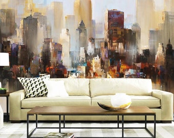 Original Abstract Oil Painting Urban Architecture, Modern Nordic City Architectures Background Wallpaper Wall Mural Wall Decor