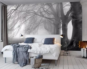 Nostalgic Foggy Gray Tree Forest Wallpaper Wall Mural, Sketch Forest Trees Wall Mural Wall Decor