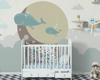 Hand Painted Abstract Clouds with Dolphins Wallpaper Wall Mural, Cartoon Clouds Dolphines Nursery Kid Children Boy's Room Wall Mural