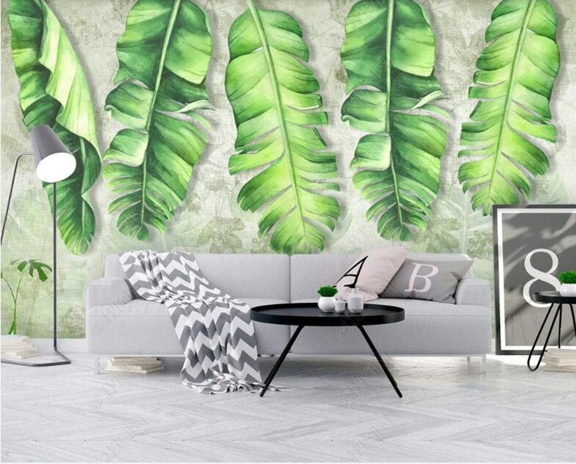 Five Green Hanging Leaves Wallpaper Wall Mural Beautiful Etsy