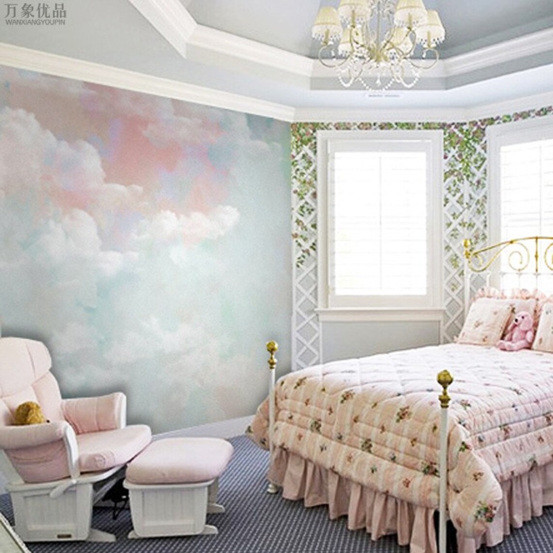 Hand Painted Colorful Clouds Nursery Garden Wallpaper Wall Etsy