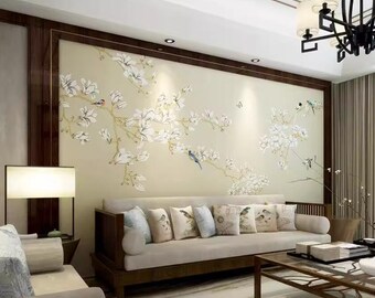 Chinoiserie Magnolia Flower Wallpaper: Fototapet med fåglar och grenar