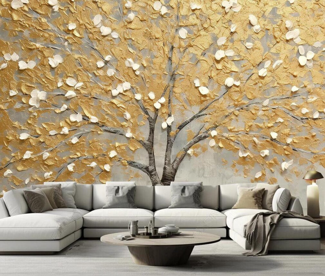 Abstract Gold Leaf Forest Tree Wallpaper Wall Mural, Golden Tree Wall