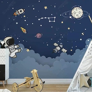 Mural de pared con diseño de nave espacial de dibujos animados para habitación de niños, universo, planetas, astronauta, nubes, habitación de niños, mural de pared para habitación de bebé