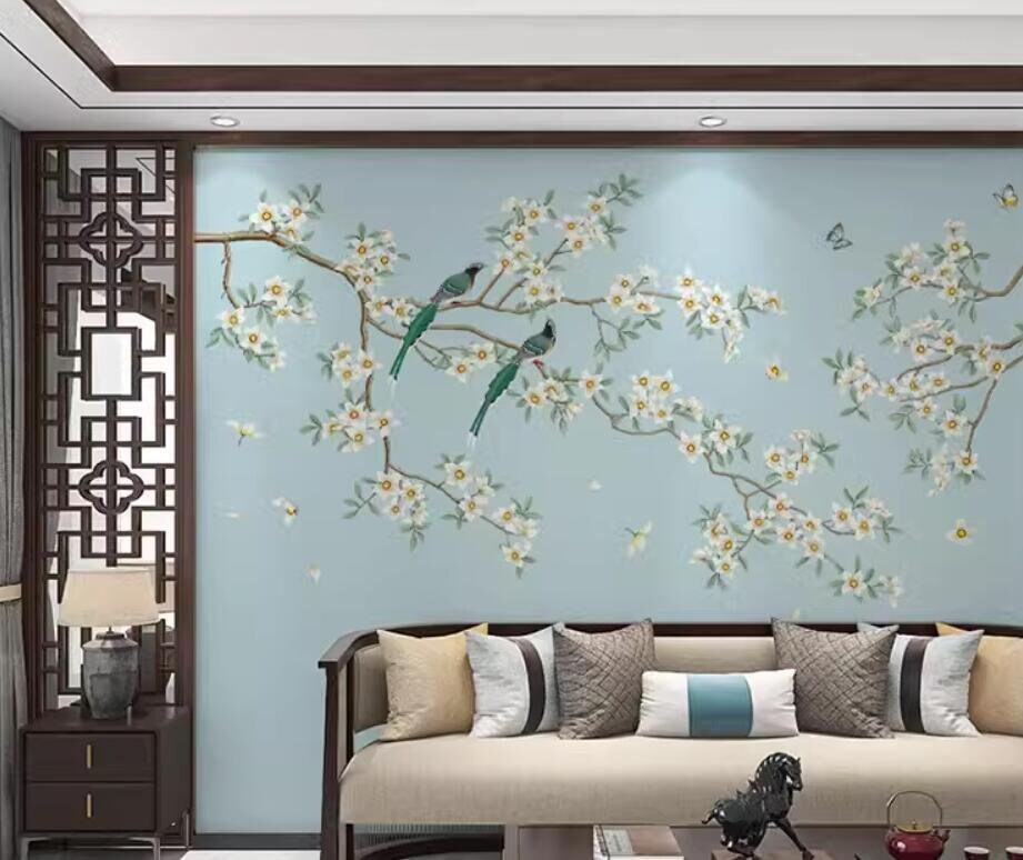 Chinoiserie Cherry Blossom Branch Wallpaper Mural: Blue Wall Decor - Etsy