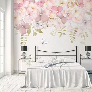 Watercolor Pink Flowers Wallpaper Wall Mural Hanging Branch - Etsy