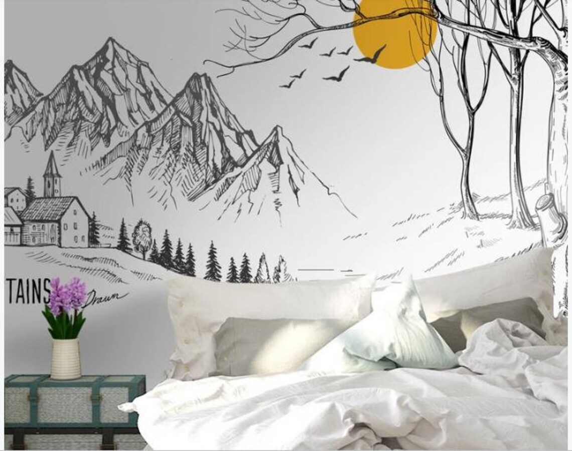 Sketch Hand Painted Grey Mountains Wallpaper Wall Mural Grey Etsy Canada