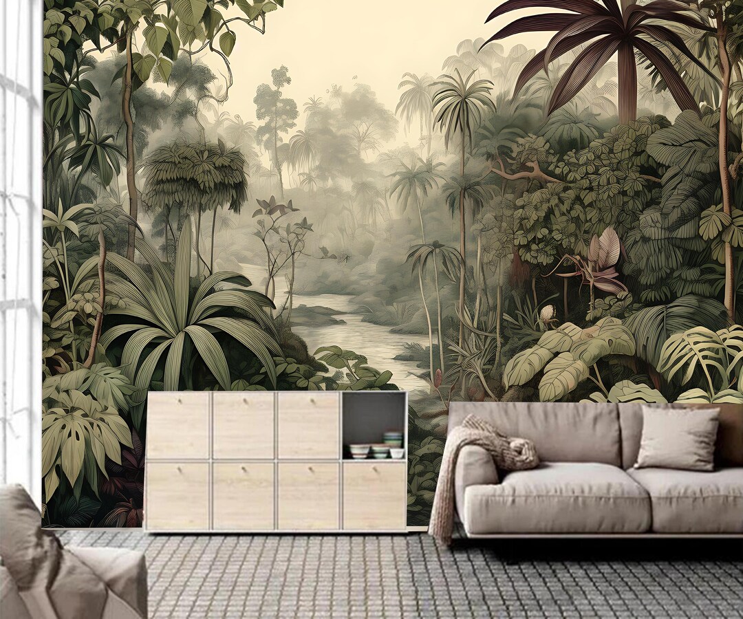 VEELIKE Dark Tropical Peel & Stick Wallpaper – Moody Rainforest With Birds & Florals, 17.7" X 118", Removable, Waterproof