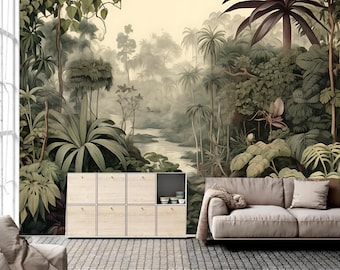 Tropical Jungle Wallpaper Mural: Vintage Rainforest Peel and Stick