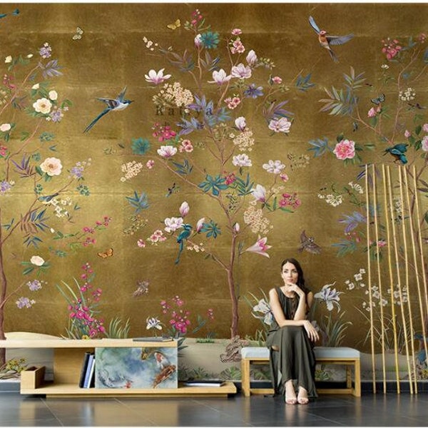 Chinoiserie Cherry Vine Wallpaper Wall Mural, Flowers and Birds Chinoiserie Wall Mural Wall Decor