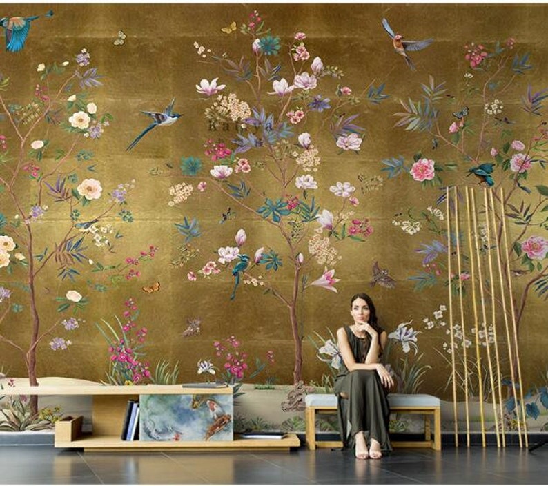 Chinoiserie Cherry Vine Wallpaper Wall Mural, Flowers and Birds Chinoiserie Wall Mural Wall Decor image 1