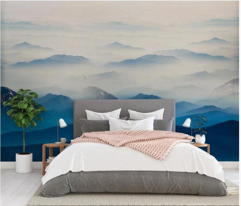 Abstract Blue Mountains Wallpaper Wall Mural Misty Foggy Ink Etsy