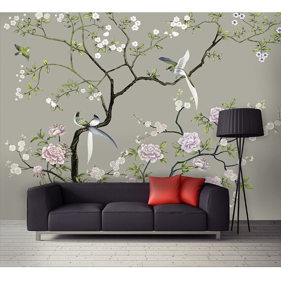 Grey Color Birds&flowers Wallpaper Wall Murals Flowers Tree - Etsy Grey Color Birds&flowers Wallpaper Wall Murals Flowers Tree - Etsy