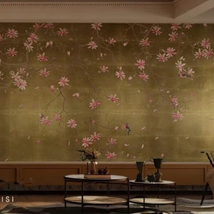 Chinoiserie Cherry Vine Wallpaper Wall Mural, Luxury Background Pink Hangng Flowers Chinoiserie Wall Mural Wall Decor