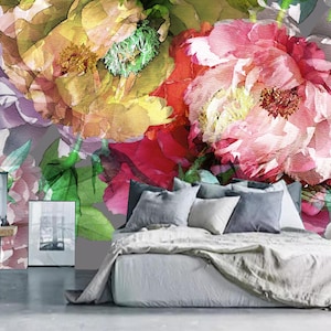 Art Vintage Colorful Watercolor Floral Wallpaper, Abstract Flowers Floral Wall Mural, Peel and Stick Removable Vinyl, Non-woven Paper