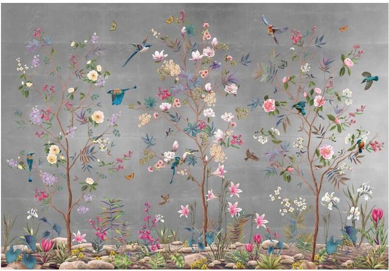 Chinoiserie Cherry Vine Wallpaper Wall Mural, Flowers and Birds Chinoiserie Wall Mural Wall Decor image 5