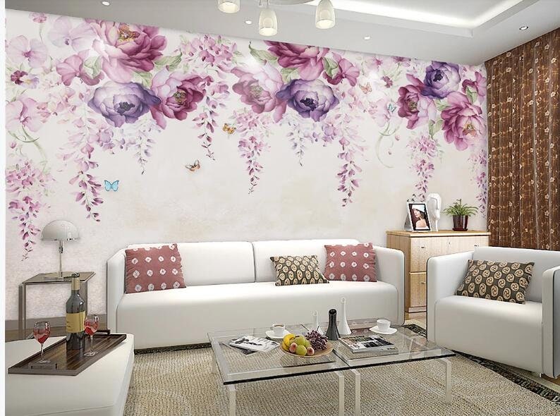 Watercolor Hanging Flowers Floral Wallpaper Wall Mural Purple - Etsy