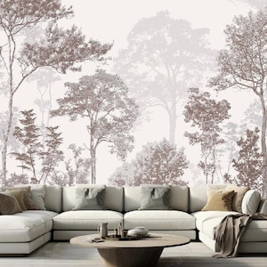 French Style Minimalism Trees Wallpaper Wall Mural, Sketch Trees Wall Mural for Bedroom Living Room
