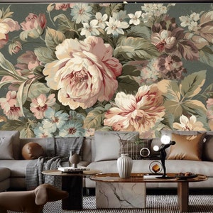 Abstract Giant Peony Floral Wallpaper Wall Mural, Retro Vintage Peony Flowers Floral Wall Mural Wall Decor