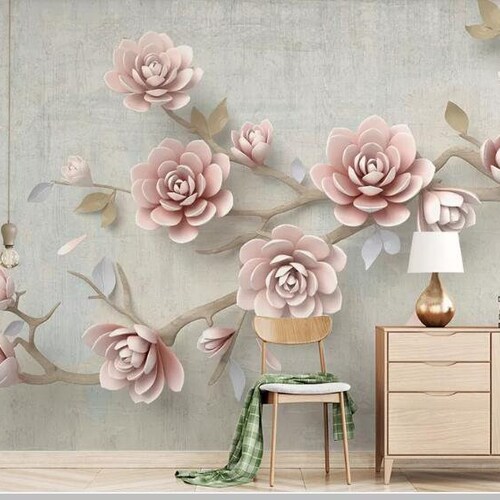3D Embossed Pink Flowers Tree Wallpaper Wall Mural Creative Etsy
