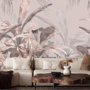 Carta da parati con piante di foglie di banano tropicali della foresta pluviale, murale con piante tropicali retrò vintage, decorazione da parete con piante per soggiorno e camera da letto