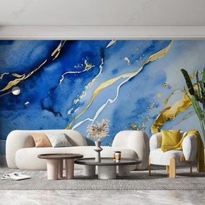 Blue Gold White Marble Texture Watercolor Abstract Background Wallpaper Wall Mural