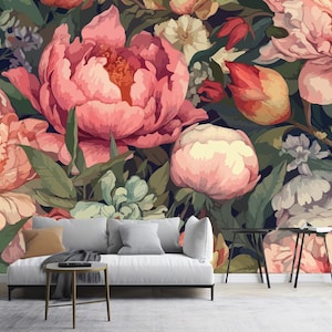 Boho Pink Peony Floral Wall Mural: Retro Flower Pattern