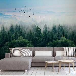 Foggy Forests Landscape Wallpaper Wall Mural, Scerene Forest Misty Mountains Trees Flying Birds Landscape Wall Mural