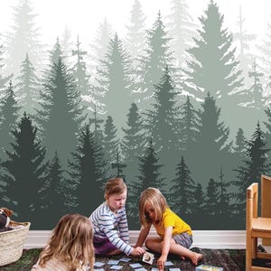 Watercolor Pine Tree Forest Wallpaper Mural: Nursery Wall Decor