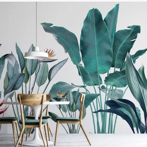 Tropical Plants and Banana Leaves Wallpaper, Simple Flowers and Plants Wall Murals Wall Decor for Living or Dinning Room