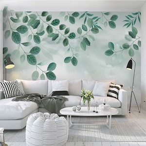 Spring Hanging Olive Green Leaves Wallpaper Wall Mural,Green Vine Branch Watercolor Wallpaper Wall Murals, Bedroom Living Room Wallpaper