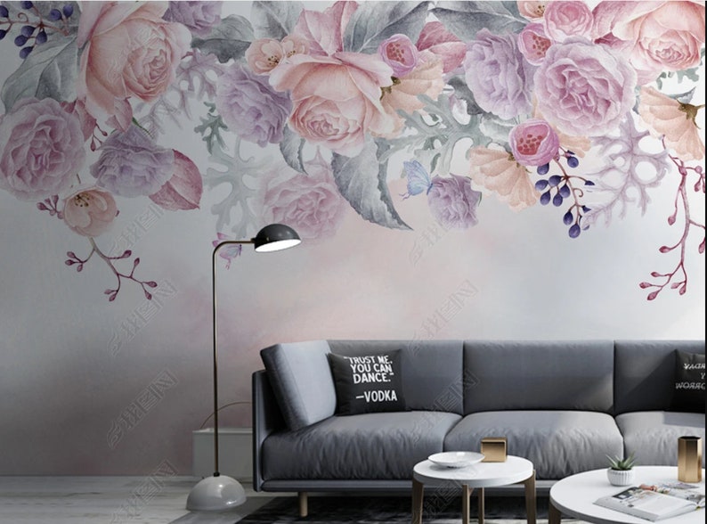 Watercolor Floral Wallpaper Mural: Pink Hanging Flowers Wall Decor - Etsy