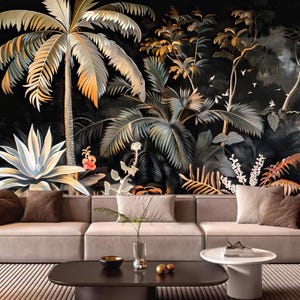 Vintage Tropical Wallpaper: Dark Jungle Palm Leaves Exotic Birds Wall Mural