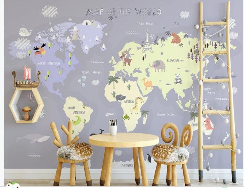 Hand Painted World Map Nursery Wallpaper Wall Mural World Map Etsy