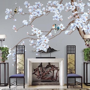 Chinoiserie Magnolia Branch Wallpaper Wall Mural, Magnolia Tree Wall Mural Living Room Bedroom Wall Decor