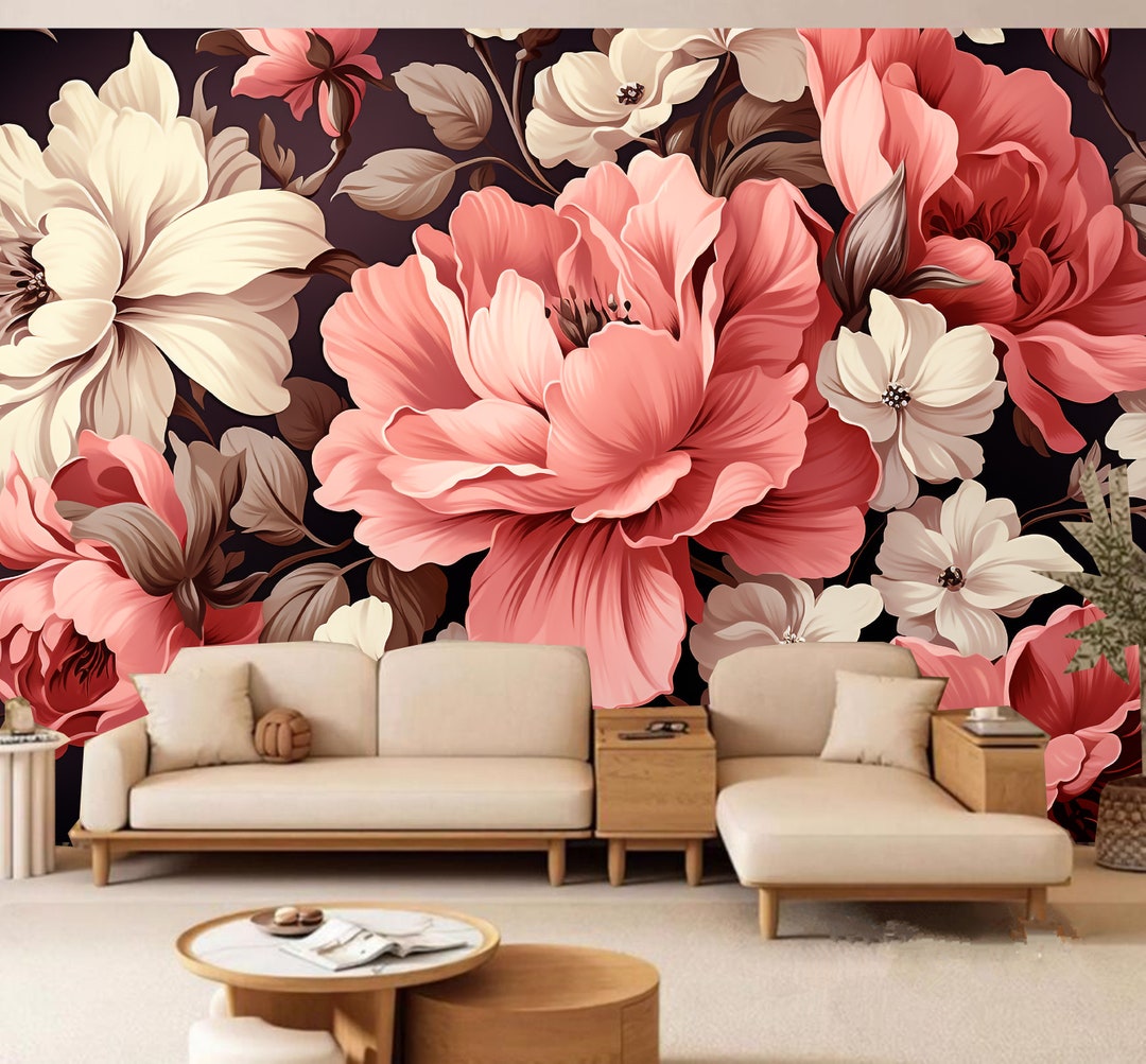 Pink Peonies Wallpaper: Dark Floral Peel and Stick Wallpaper - Etsy
