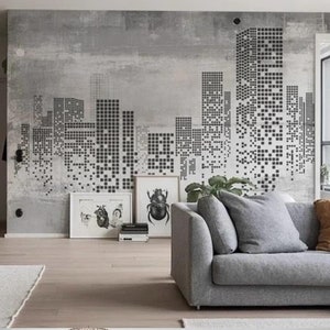 Abstract Retro Architectures Wallpaper Wall Mural, Shabby Retro Industrial Style Gray Architectures Wall Mural Wall Decor