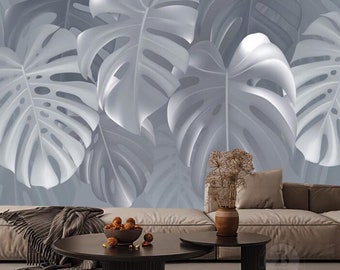 Minimalist Grey Hanging Tropical Leaves Wallpaper Wall Mural