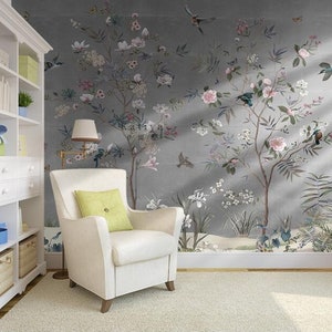 Chinoiserie Cherry Vine Wallpaper Wall Mural, Flowers and Birds Chinoiserie Wall Mural Wall Decor image 4