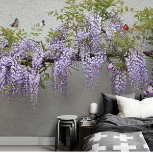 Beautiful 3D Purple Wisteria Wallpaper Wall Mural, Hanging 3D Vivid Wisteria Wall Mural Wall Decor